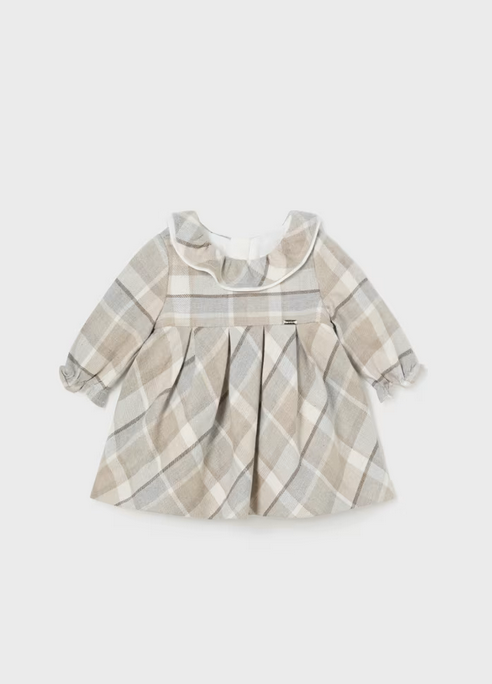 Mayoral baby girl plaid ruffle neck dress, walnut, front view