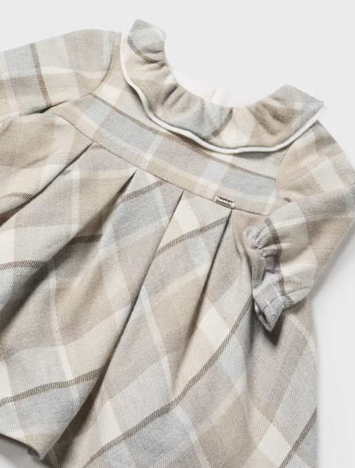 Mayoral baby girl plaid ruffle neck dress, walnut, view 2