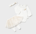 Mayoral baby girl 3 piece ruffled collar bodysuit tutu & headband set, soft white & champagne, front view