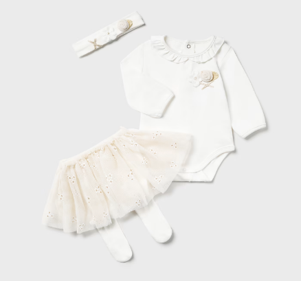 Mayoral baby girl 3 piece ruffled collar bodysuit tutu & headband set, soft white & champagne, front view
