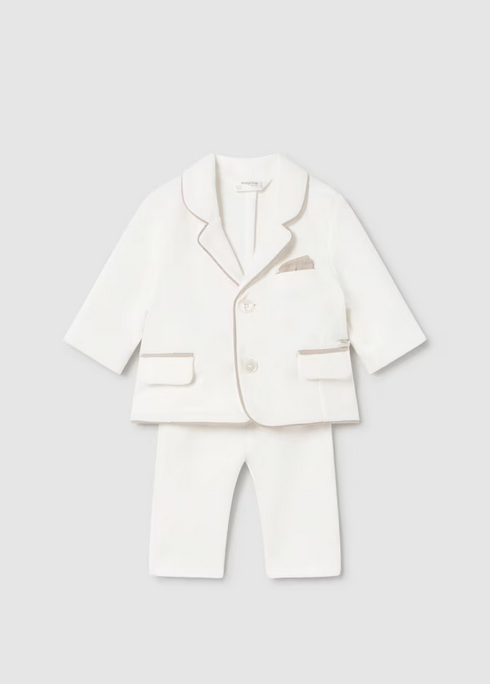Mayoral baby boy jacket and pant suit, ivory, front view