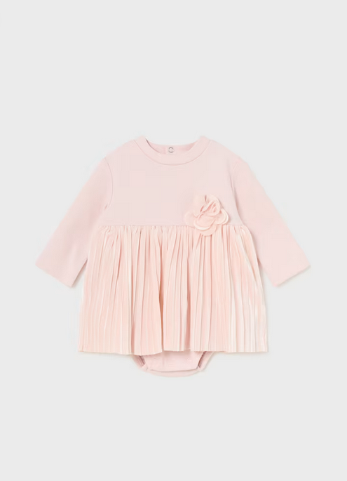 Mayoral baby girl pleated onesie velour dress, blush, front view