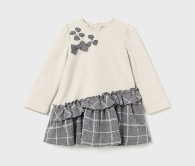 Mayoral a-line grey plaid & cream dress, front view