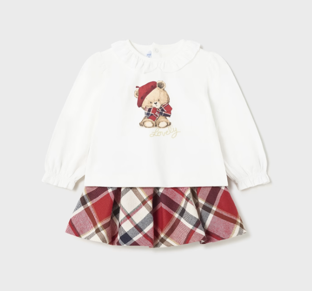 Mayoral plaid skirt & beret bear shirt 2 piece set, red, front view