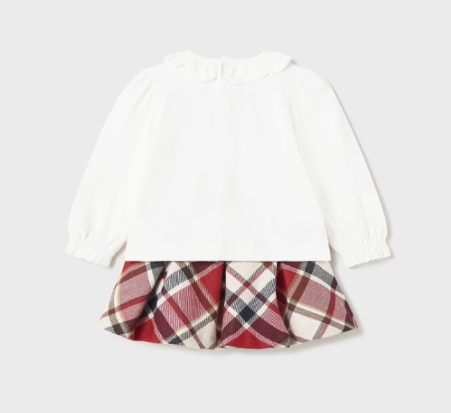 Mayoral plaid skirt & beret bear shirt 2 piece set, red, view 2