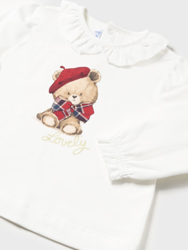 Mayoral plaid skirt & beret bear shirt 2 piece set, red, view 3