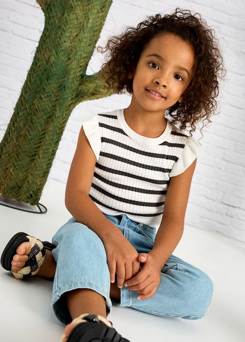 Mayoral girls knit flutter sleeve ribbed top, white, charcoal, front view