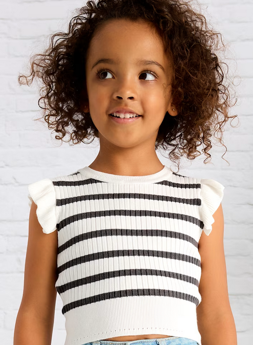 Mayoral girls knit flutter sleeve ribbed top, white, charcoal, view 2