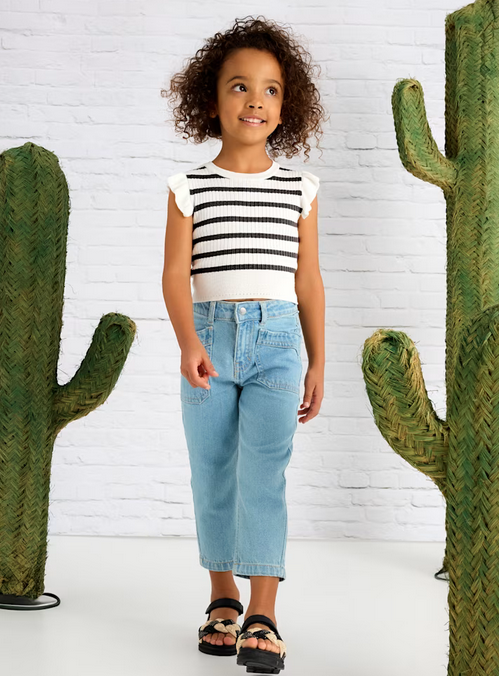 Mayoral girls knit flutter sleeve ribbed top, white, charcoal, view 3