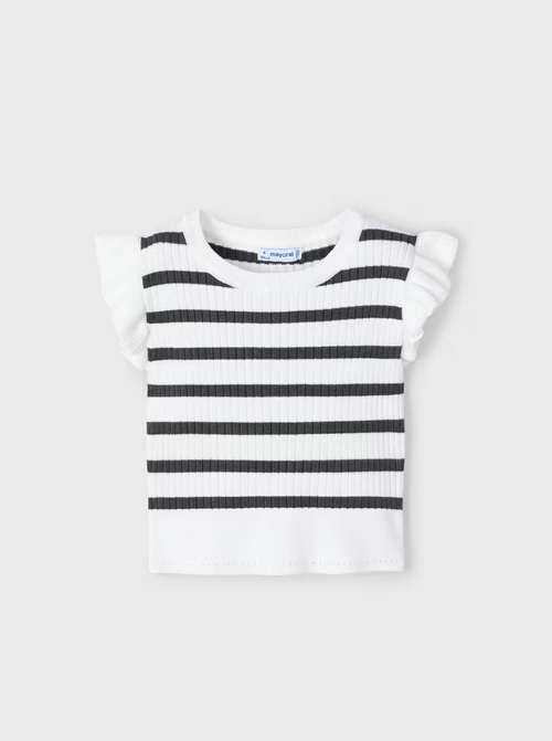 Mayoral girls knit flutter sleeve ribbed top, white, charcoal, view 4