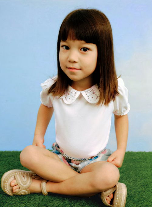 Mayoral girls eco-sustainable puff sleeve crochet petal collar t-shirt, bone, front view