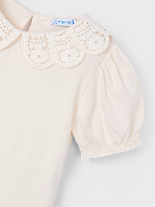 Mayoral girls eco-sustainable puff sleeve crochet petal collar t-shirt, bone, view 4