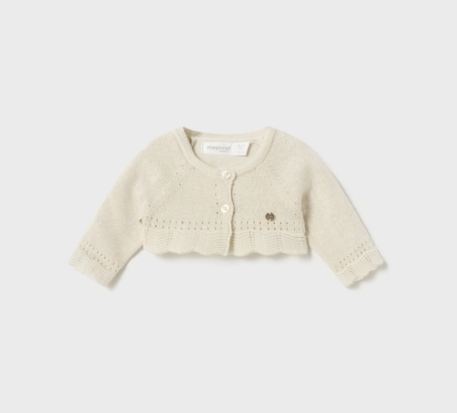 Mayoral baby girl basic knit short cardigan, champagne, front view