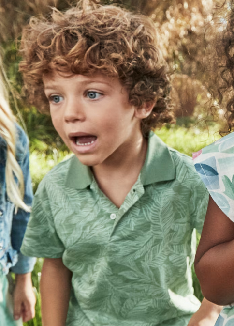 Mayoral boys leaf print polo, bay leaf, front view