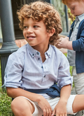 Mayoral boys light linen fold-up sleeve collared shirt, pearl blue, front view