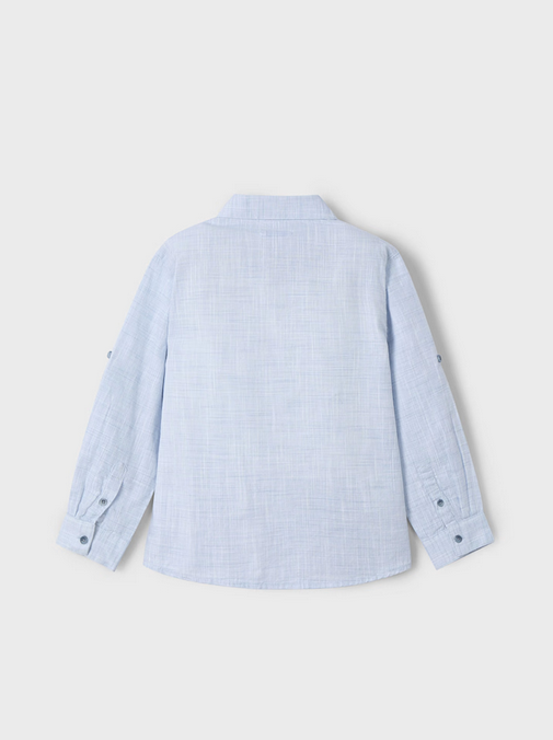 Mayoral boys light linen fold-up sleeve collared shirt, pearl blue, view 3