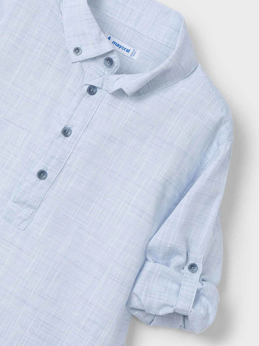 Mayoral boys light linen fold-up sleeve collared shirt, pearl blue, view 4
