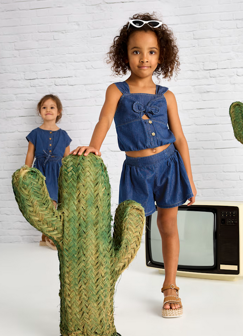 Mayoral girls soft flowy denim shorts, medium wash, front view