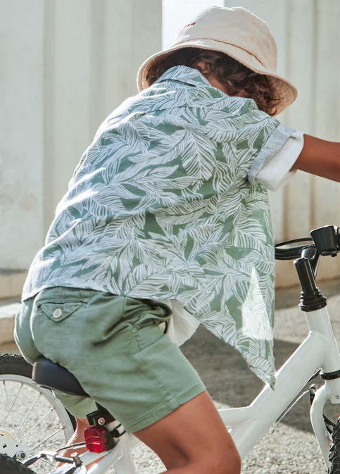 Mayoral boys eco-sustainable linen bermuda shorts, sage green, front view