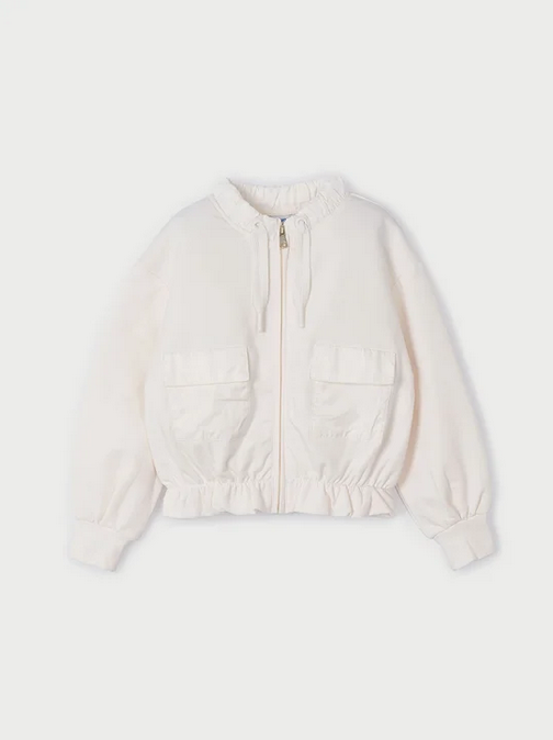 Mayoral girls zippered satin pocket mixed jacket, bone, front view