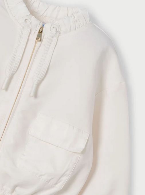 Mayoral girls zippered satin pocket mixed jacket, bone, view 3