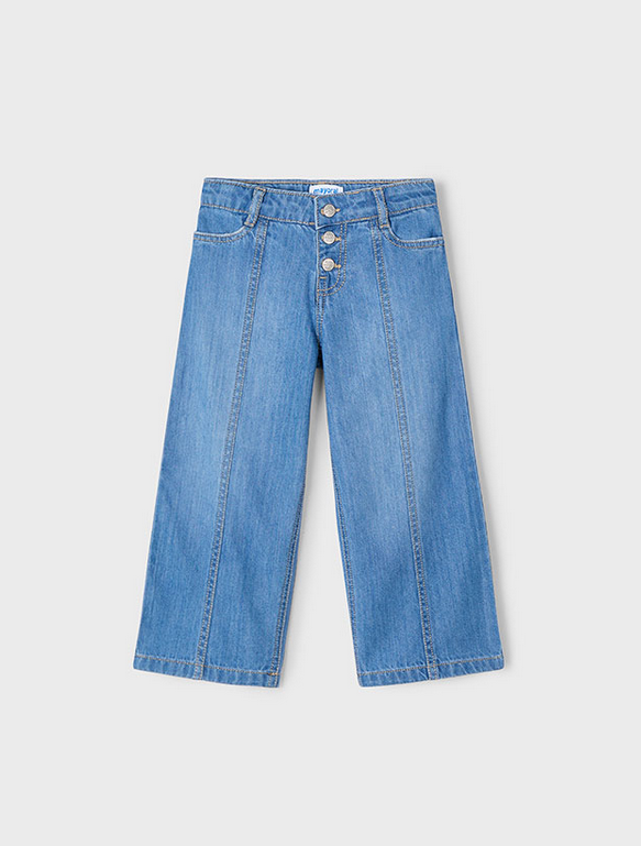 Mayoral girls wide leg front seam denim jeans, medium wash, front view