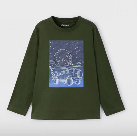 Mayoral boys glow in the dark print t-shirt, moss, front view