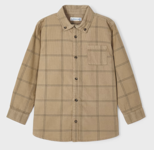 Mayoral boys corduroy button up overshirt, sand, front view