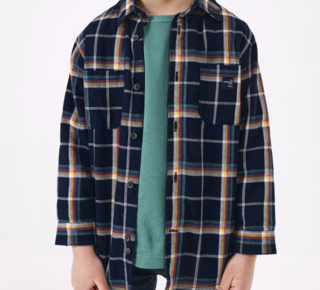 Mayoral boys button up plaid shacket, navy, front view