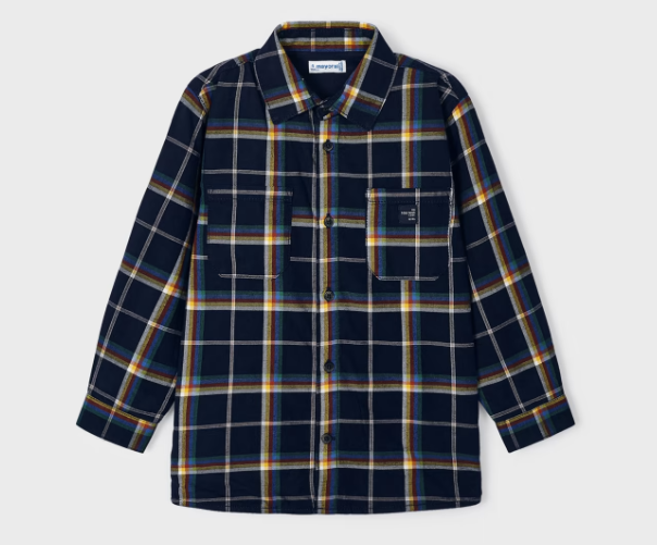 Mayoral boys button up plaid shacket, navy, view 2