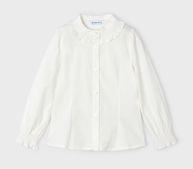 Mayoral girls long sleeve ruffle collar poplin button up dress shirt, natural white, front view