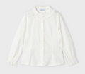 Mayoral girls long sleeve ruffle collar poplin button up dress shirt, natural white, front view
