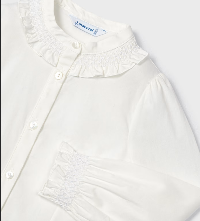 Mayoral girls long sleeve ruffle collar poplin button up dress shirt, natural white, view 3
