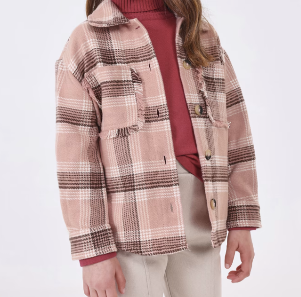 Mayoral girls plaid shacket, pink, front view