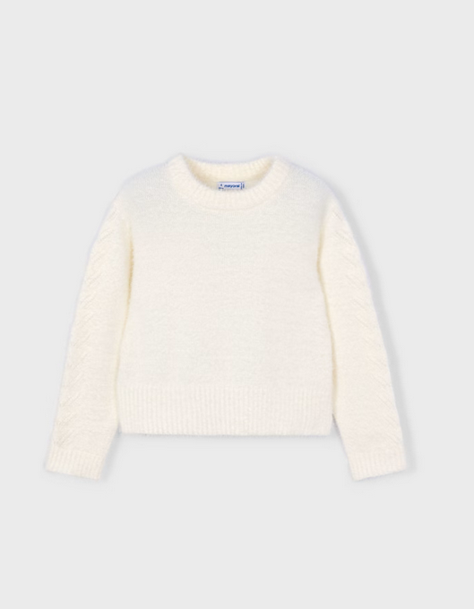 Mayoral girls plush fuzzy sweater, natural white, front view