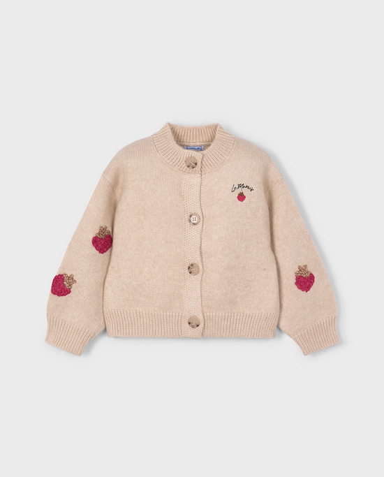Mayoral girls fantasy knit cardigan sweater, le marais strawberries, front view