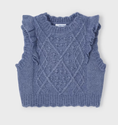 Mayoral girls ruffled knit vest, blue, front view