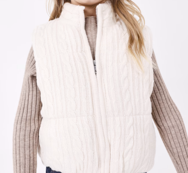 Mayoral girls cable knit zippered padded vest, chickpea white, front view