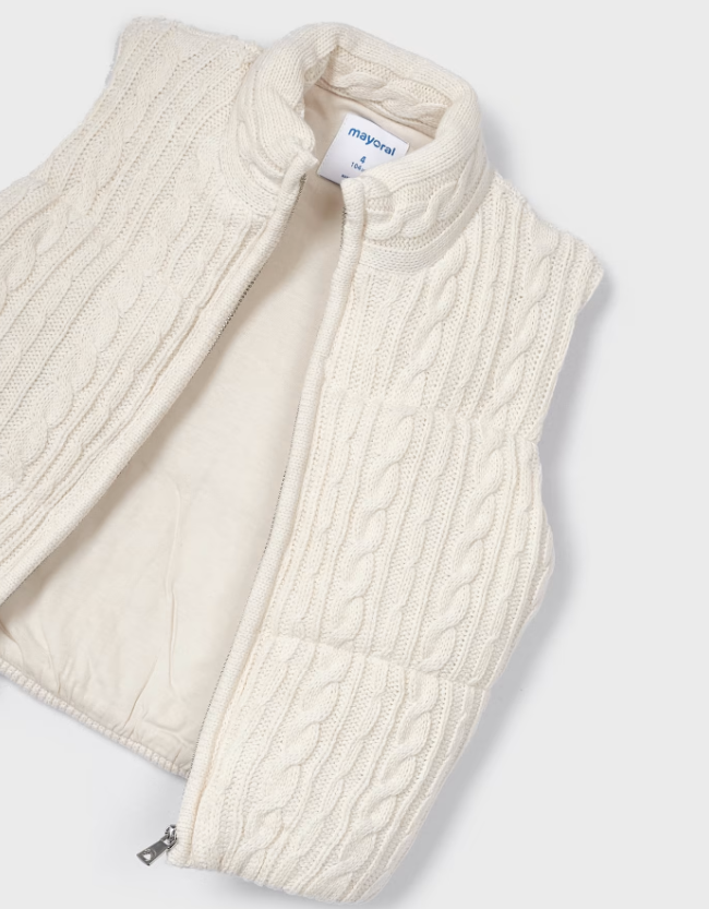 Mayoral girls cable knit zippered padded vest, chickpea white, view 4