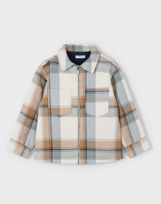Mayoral boys long sleeve plaid shacket, caramel, front view