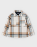 Mayoral boys long sleeve plaid shacket, caramel, front view