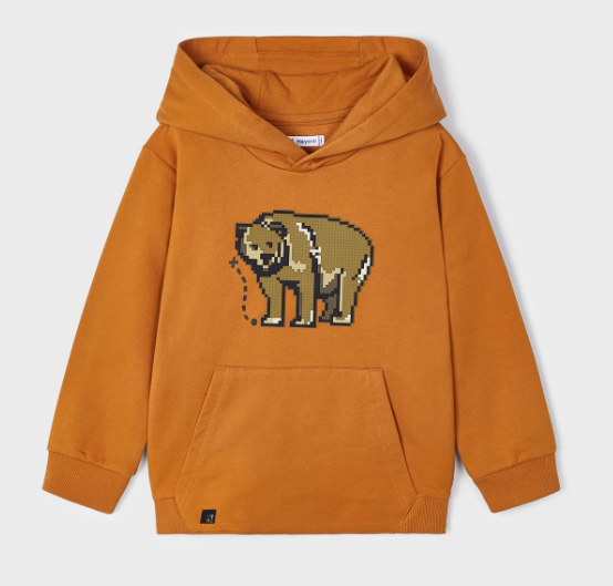 Mayoral boys rubber bear applique hooded sweatshirt, saffron, front view