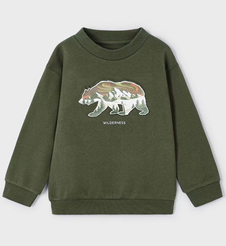 Mayoral boys embossed wilderness bear sweatshirt, forest green, front view