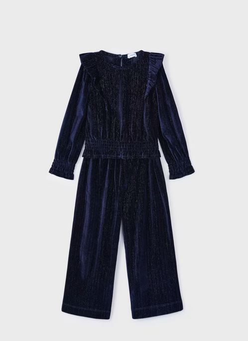 Mayoral girls velvet pant set, navy, front view