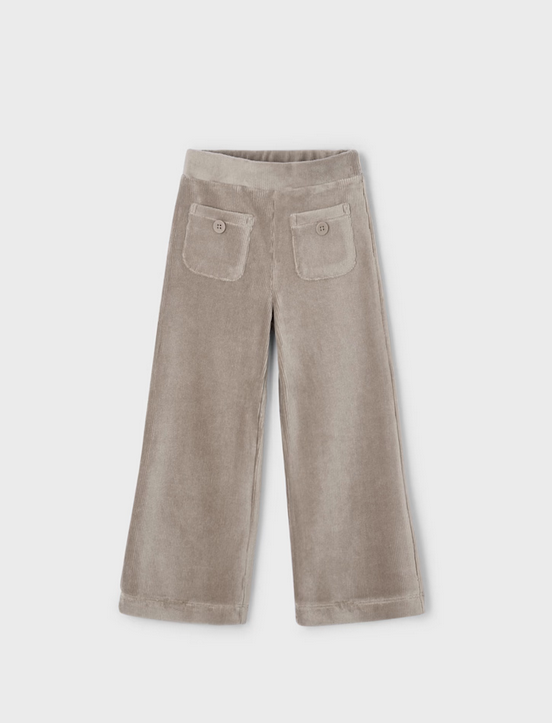 Mayoral girls wide leg soft velour corduroy pants, mole tan, front view