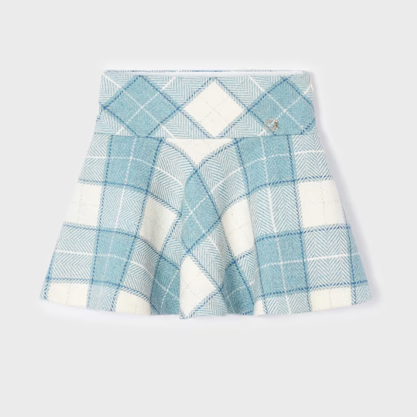 Mayoral girls woolen round plaid skirt, bluebell, front view