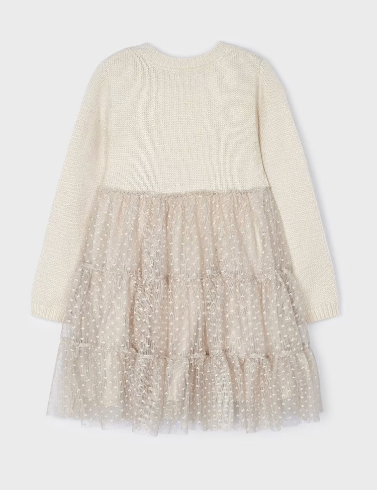 Mayoral girls eco dressy knit & tulle combined dress, ivory, view 2