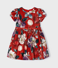 Mayoral girls dressy velvet belted tailored floral dress, red, front view