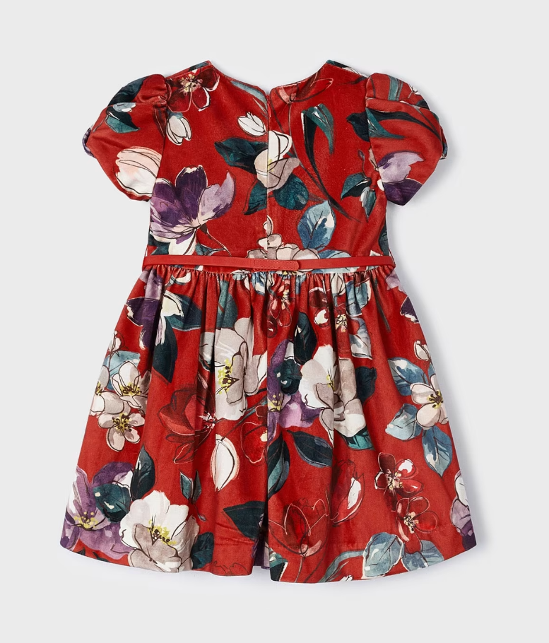 Mayoral girls dressy velvet belted tailored floral dress, red, view 2