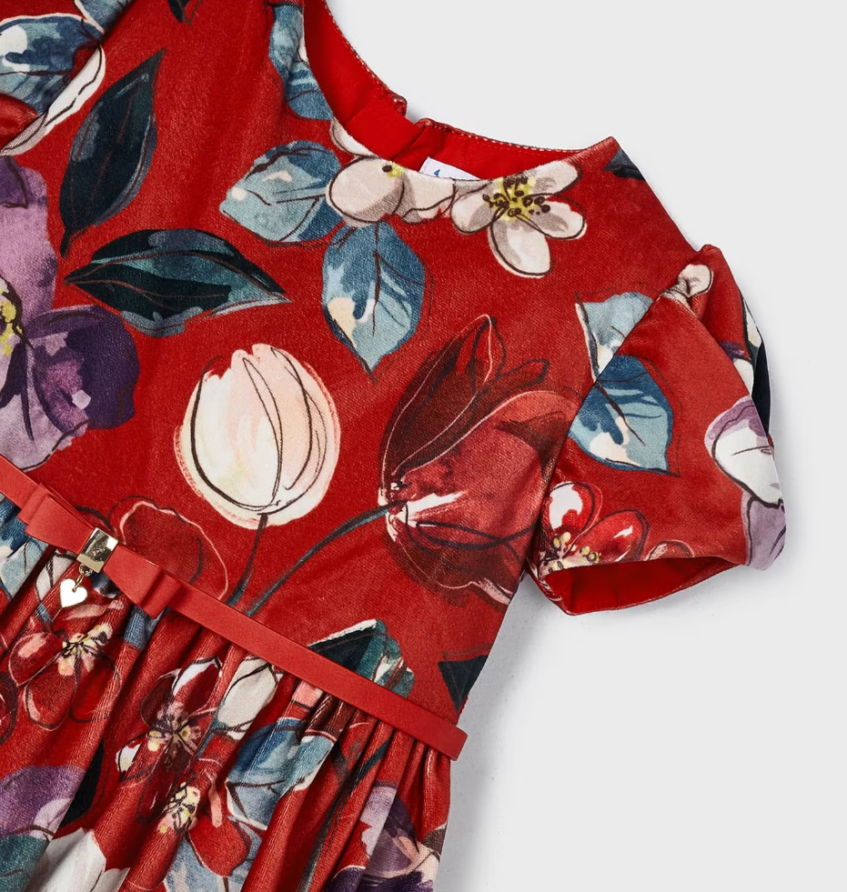 Mayoral girls dressy velvet belted tailored floral dress, red, view 3